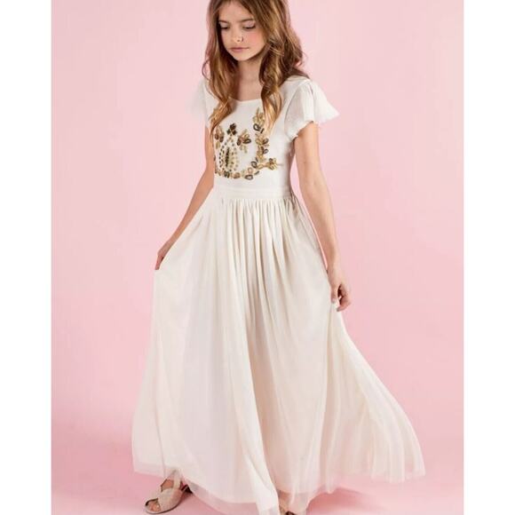 Joyfolie Other - Mia Joy Girls Ivory Maxi Dress With Gold Embellished Bodice Flutter Sleeves & Fl